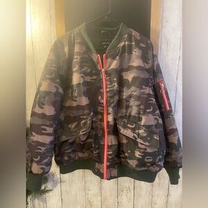 Camouflage Puffer Jacket with Red Accents
